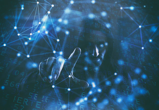 Concept of safety with hacker in a dark environment with digital and network effects