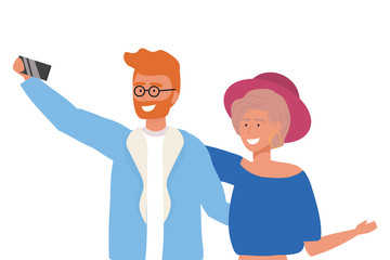 Couple of woman and man with smartphone design