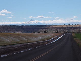 A rural road running through farmland being irrigated in Central Oregon with snow covered Mt. Jefferson in the background on a sunny summer day.