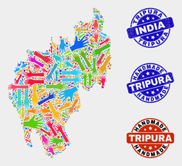 Vector handmade collage of Tripura State map and unclean watermarks. Mosaic Tripura State map is made with randomized bright colorful hands. Rounded watermarks with unclean rubber texture.