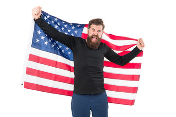 I got the usa flag over my heart cause Im patriotic. Patriotic hipster holding american flag on white background. Bearded man feeling patriotic and happy on Independence day. Being patriotic for usa
