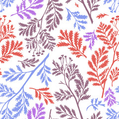 Vector seamless botanical pattern. Plain  meadow stalks, herbs and foliage. Herbarium illusion. Simple background for textile, fabric, wallpaper and surface,