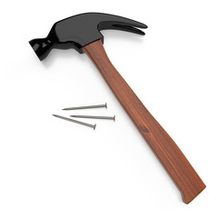Hammer and nails on white background. 3D rendering