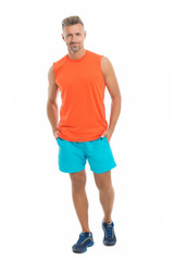Guy sport outfit. Fashion concept. Man model clothes shop. Sport style. Menswear and fashionable clothing. Man calm face posing confidently white background. Man handsome in shirt and shorts