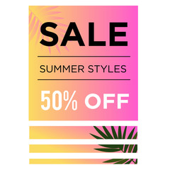 Red yellow 50% summer style Sale banner template design. Big sale special offer. Tropical 50% Special offer banner for poster, flyer, brochure, sticker. Vector illustration.