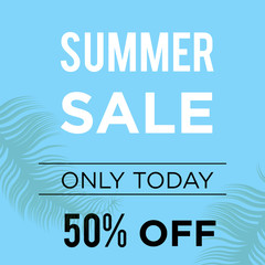 Obraz premium Blue Summer 50% off Sale banner template design. Big sale special offer. Only tpday 50% Special offer banner for poster, flyer, brochure, sticker. Vector illustration.
