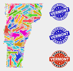 Vector handmade composition of Vermont State map and rubber watermarks. Mosaic Vermont State map is made from scattered bright colored hands. Rounded watermarks with corroded rubber texture.