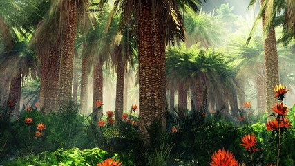 Blooming jungle in the fog, flowers among palm trees, palm trees in the fog