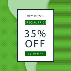 Fototapeta na wymiar Green background. 35% Sale banner template design. Big sale special offer. Green dotted and lined texture. Special offer banner for poster, flyer, brochure, sticker. Vector illustration.