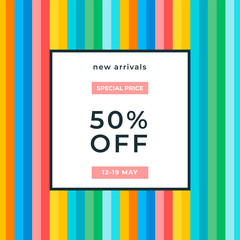 Colorful background with blue, green, yellow orange lines and 50% discount frame in a center. Special offer banner for poster, flyer, brochure, sticker. multi color background with 50% discount