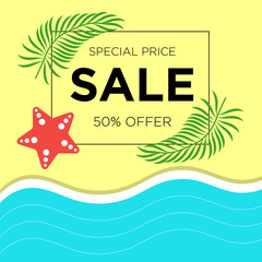 Fototapeta na wymiar Summer Sale banner template design with aqua blue beach sea and sand with star icon. Big sale special offer. Special offer banner for poster, brochure. Summer beach Vector illustration.