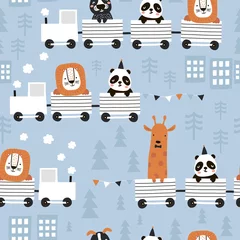 Foto op Plexiglas Naadloos patroon voor kinderen met schattige dieren die op de trein rijden in de Scandinavische stijl. Creatieve vector kinderachtige achtergrond voor stof, textiel © solodkayamari