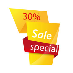 Yellow and red folded ribbons. 30% Sale banner template design. Big sale special offer. Special offer banner for poster, flyer, brochure, sticker. Red yellow ribbon vector illustration.