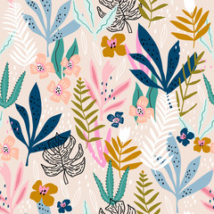 Seamless pattern with flowers, branches, leaves. Creative floral texture. Great for fabric, textile Vector Illustration