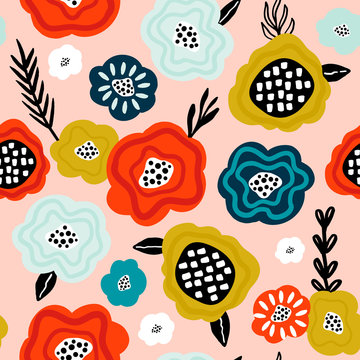 Fototapeta Seamless pattern with creative decorative flowers in scandinavian style. Great for fabric, textile. Vector background