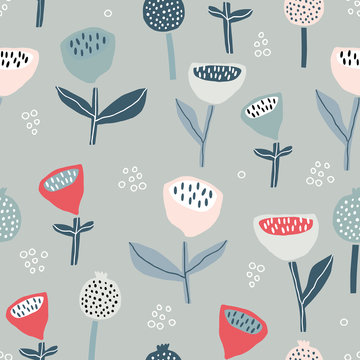 Seamless pattern with flowers inscandinavian style. Creative floral pastel texture. Great for fabric, textile Vector Illustration