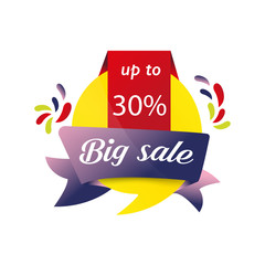 Fototapeta na wymiar Red purple yellow elements. Abstract Sale banner template design. Big sale special offer. Special offer banner for poster, flyer, brochure, sticker. Purple ribbon with yellow round vector illustration