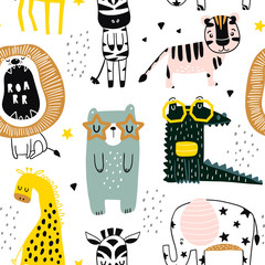 Seamless childish pattern with cute bears, rainbow, stars, moon. Creative scandinavian kids texture for fabric, wrapping, textile, wallpaper, apparel. Vector illustration