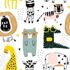 Poster Scandinavische stijl Naadloos kinderachtig patroon met schattige beren, regenboog, sterren, maan. Creatieve Scandinavische kinderen textuur voor stof, verpakking, textiel, behang, kleding. vector illustratie