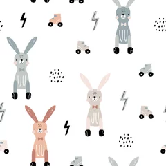  Naadloos patroon met schattig konijntjesspeelgoed op wielen. Creatieve Scandinavische stijl kinderachtig textuur. Geweldig voor stof, textiel vectorillustratie © solodkayamari