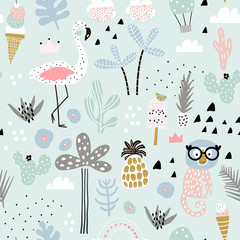 Seamless pattern with flamingo, leopard, monkey and tropical elements. Creative summer childish texture. Great for fabric, textile Vector Illustration - obrazy, fototapety, plakaty