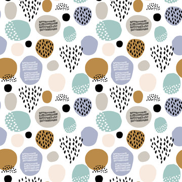 Seamless colorful hand drawn pattern with dots and hearts. Abstract childish texture for fabric, textile, apparel. Vector illustration