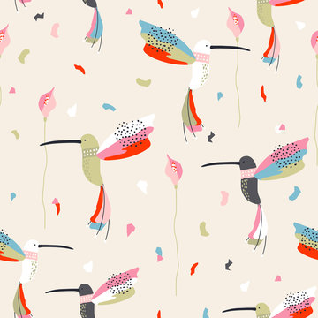 Seamless childish pattern with collibri and abstract shapes. Creative scandinavian style kids texture for fabric, wrapping, textile, wallpaper, apparel. Vector illustration
