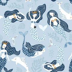 Materiał do szycia Seamless pattern with creative mermaids with dolphins . Creative undersea childish texture. Great for fabric, textile Vector Illustration