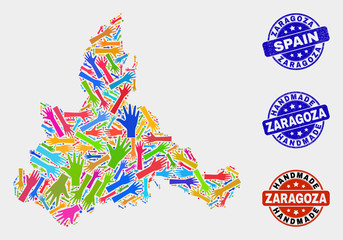 Vector handmade composition of Zaragoza Province map and grunge stamps. Mosaic Zaragoza Province map is created of random bright colorful hands. Rounded stamp imprints with grunge rubber texture.