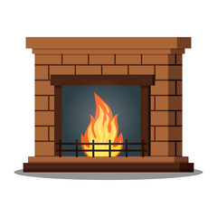Isolated icon of fireburning fireplace closeup on white background. Comfortable cozy warm fireplace flame bright for winter Christmas decoration interior. Vector illustration in a cartoon flat style