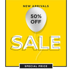 Gray Big balloon on yellow background. sale special poster offer. Sale banner template design. Special offer design for web banner, poster, flyer, brochure, sticker. Gray balloon Vector illustration.