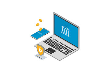 Isometric online banking money transaction concept. 3d laptop and smartphone bank card shield and coins. Bank protection technology vector illustration
