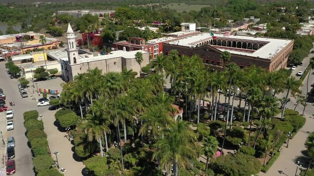 Aerial Drone View of the central square, church and town hall of El Fuerte town, Sinaloa, Mexico