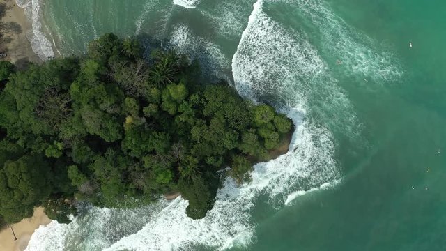 Aerial Vertical Drone view over caribbean tropical beach of Puerto Viejo Limon, Costa Rica