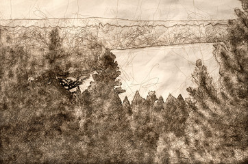 Sketch of a Mountain Lake Hidden Deep in the Pine Forest