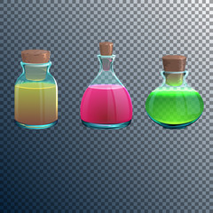 potion bottles. Vector containers with liquid. Cartoon illustration.