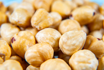 Hazelnut. Fresh organic peeled filbert isolated on white background. Nut macro. Collection. Full depth of field.