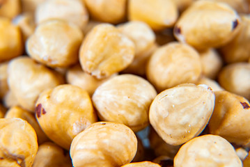Hazelnut. Fresh organic peeled filbert isolated on white background. Nut macro. Collection. Full depth of field.