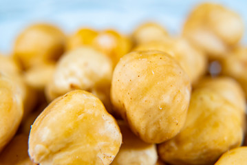 Hazelnut. Fresh organic peeled filbert isolated on white background. Nut macro. Collection. Full depth of field.