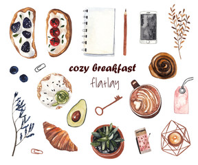 Cozy breakfast. Set of watercolor illustrations on white isolated background. Croissants, coffee, sandwiches, notepads, mobile phone, succulent, bun, avocado