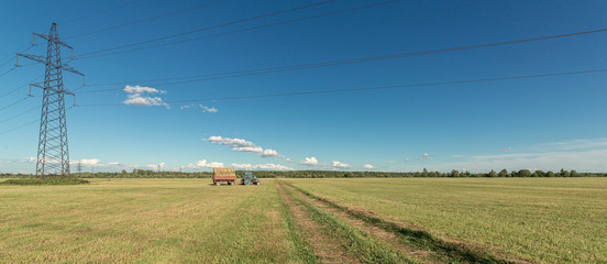 tractor collects hay in the field