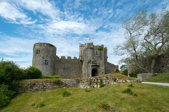 Manorbier Burg-Schloss und gleichnamiger Strand, Wales, gro&szlig;britannien
