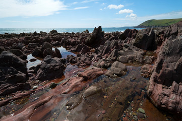 Manorbier Burg-Schloss und gleichnamiger Strand, Wales, großbritannien