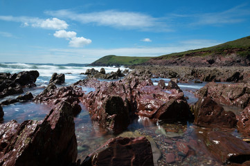 Manorbier Burg-Schloss und gleichnamiger Strand, Wales, großbritannien