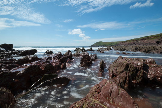 Manorbier Burg-Schloss und gleichnamiger Strand, Wales, gro&szlig;britannien