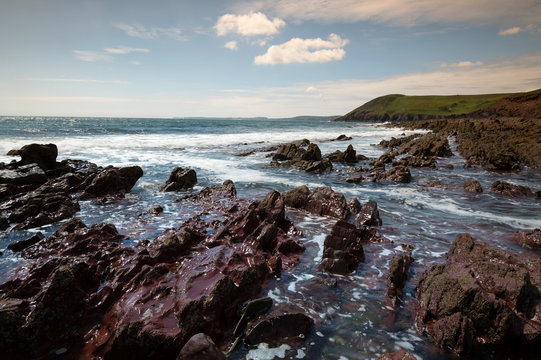 Manorbier Burg-Schloss und gleichnamiger Strand, Wales, gro&szlig;britannien
