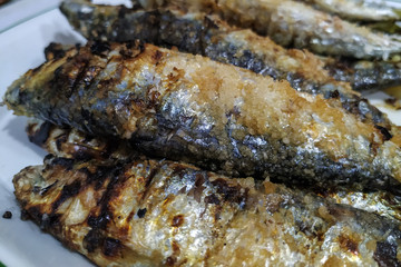 Obraz na płótnie Canvas Close up of fresh grilled sardines, typical Portuguese dish.