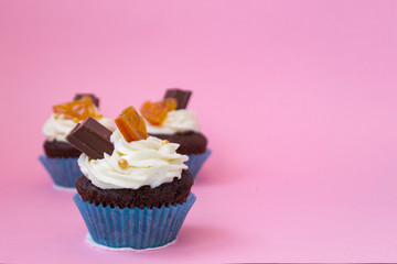 Three delicious cupcakes on a pink background. White air cream cake decorated with chocolate and candied fruit. Cupcakes in blue paper cups. There is a place for text.