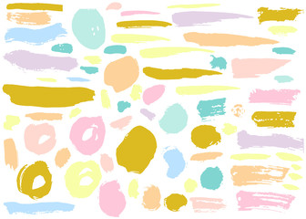 Set of colorful hand drawn grunge elements, geometrical shapes, rings, circles, banners, brush strokes isolated on white. Vector illustration.