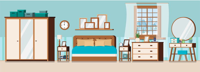 Cozy bedroom interior background with furniture and window with winter landscape scene. Wardrobe, bed, pillows, nightstands, chest of drawers, mirror, dressing table. Flat cartoon vector illustration.